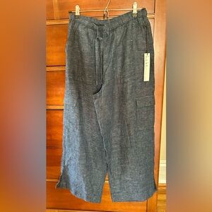 Nicole Miller 100% Linen Chambray Wide Leg Crop Business Casual Boho Cargo Pant